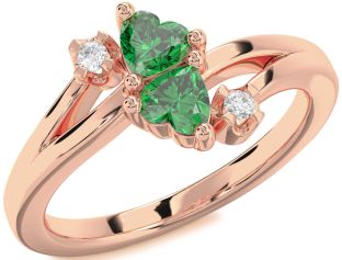 Diamond Emerald Rose Gold Two Heart Birthstone Ring