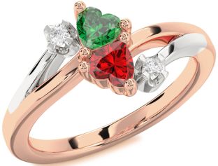 Diamond Emerald Platinum & Rose Gold Two Heart Birthstone Ring