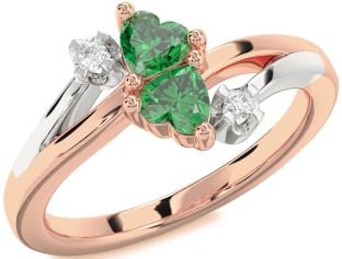 Diamond Emerald Platinum & Rose Gold Two Heart Birthstone Ring