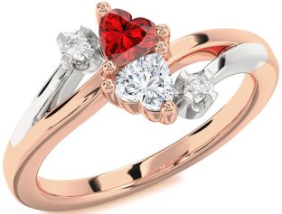 Diamond Emerald Platinum & Rose Gold Two Heart Birthstone Ring