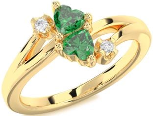 Diamond Emerald Gold Two Heart Birthstone Ring