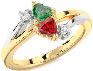 Diamond Emerald Platinum & Yellow Gold Two Heart Birthstone Ring