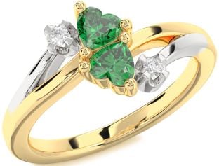 Diamond Emerald Platinum & Yellow Gold Two Heart Birthstone Ring