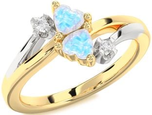 Diamond Moonstone Gold Silver Two Heart Ring