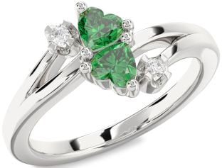 Diamond Emerald Silver Two Heart Birthstone Ring