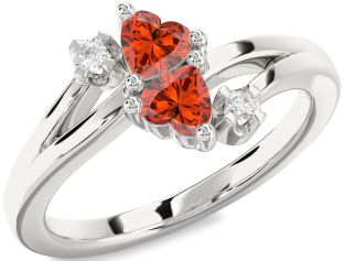 Diamond Emerald Silver Two Heart Birthstone Ring