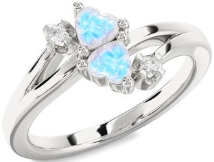 Diamond Emerald Silver Two Heart Birthstone Ring