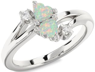 Diamond Emerald Silver Two Heart Birthstone Ring