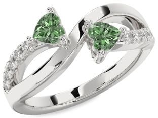 Green Diamond Silver Two Heart Ring