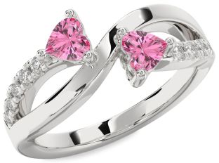 Diamond Pink Sapphire Silver Two Heart Ring