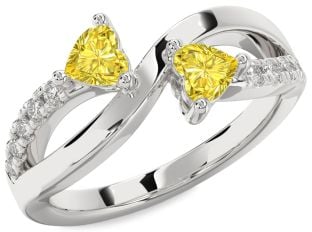 Yellow Diamond Silver Two Heart Ring