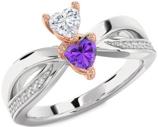 Diamond Silver & 10K Rose Gold Two Heart Promise Ring