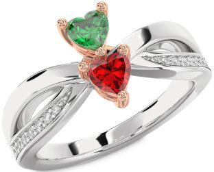 Diamond Emerald Silver & 10K Rose Gold Two Heart Birthstone Ring