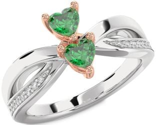 Diamond Emerald White Rose Gold Two Heart Birthstone Ring