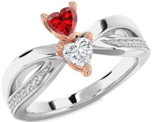 Diamond Emerald Silver & 10K Rose Gold Two Heart Birthstone Ring