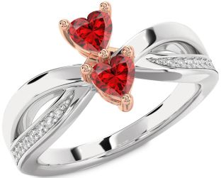 Diamond Emerald Silver & 10K Rose Gold Two Heart Birthstone Ring