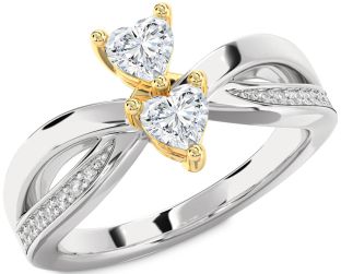 Diamond White Yellow Gold Two Heart Ring