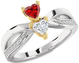 Diamond Emerald Silver & 10K gold Two Heart Birthstone Ring