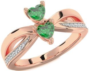 Diamond Emerald Rose Gold Two Heart Birthstone Ring