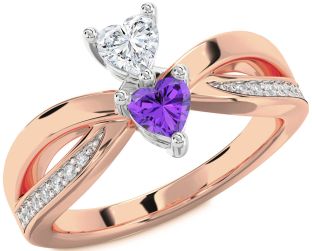 Diamond Rose Gold Silver Two Heart Promise Ring