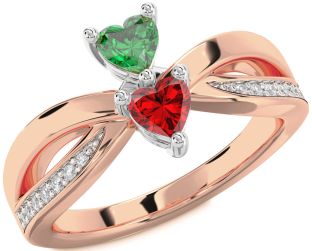 Diamond Emerald Platinum & Rose Gold Two Heart Birthstone Ring