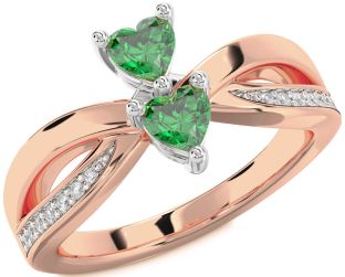 Diamond Emerald Platinum & Rose Gold Two Heart Birthstone Ring