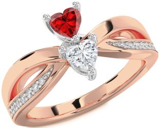 Diamond Emerald Platinum & Rose Gold Two Heart Birthstone Ring