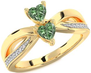 Green Diamond Gold Silver Two Heart Ring