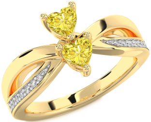Yellow Diamond Gold Silver Two Heart Ring