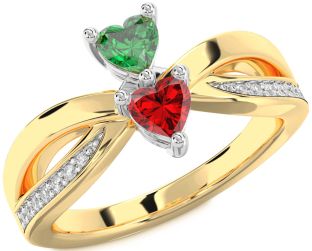 Diamond Emerald Platinum & Yellow Gold Two Heart Birthstone Ring