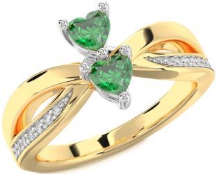 Diamond Emerald Platinum & Yellow Gold Two Heart Birthstone Ring