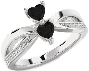 Black Diamond Silver Two Heart Ring