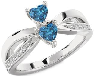 Blue Diamond Silver Two Heart Ring