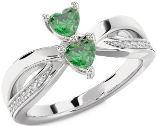 Diamond Emerald Silver Two Heart Birthstone Ring