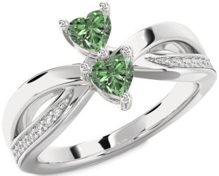 Green Diamond Silver Two Heart Ring