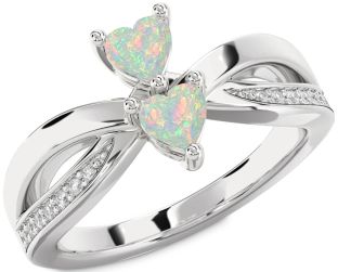 Diamond Emerald Silver Two Heart Birthstone Ring