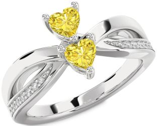 Yellow Diamond Silver Two Heart Ring
