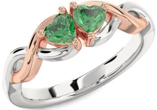 Emerald Platinum & Rose Gold Infinity Two Heart Birthstone Ring
