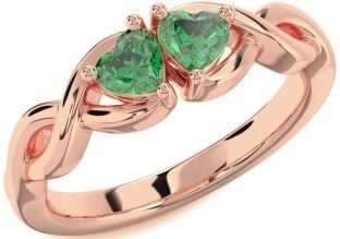 Emerald Rose Gold Infinity Two Heart Birthstone Ring