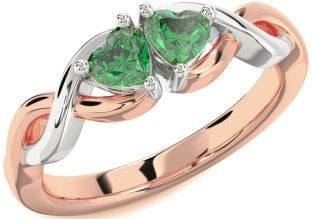 Emerald Platinum & Rose Gold Infinity Two Heart Birthstone Ring