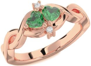Diamond Emerald Rose Gold Infinity Two Heart Birthstone Ring
