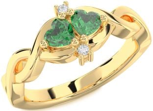 Diamond Emerald Gold Infinity Two Heart Birthstone Ring