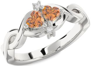 Diamond Emerald Platinum Infinity Two Heart Birthstone Ring