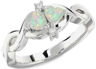 Diamond Emerald Silver Infinity Two Heart Birthstone Ring