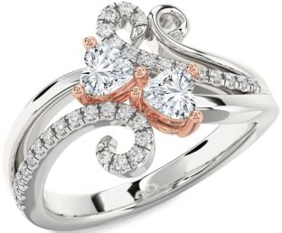 Diamond Silver & 10K Rose Gold Two Heart Ring