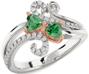 Diamond Emerald White Rose Gold Two Heart Birthstone Ring