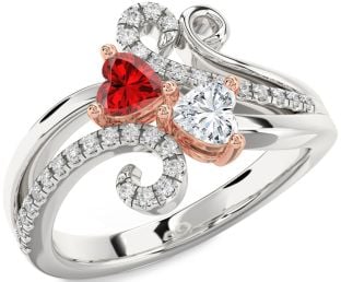 Diamond Rose Gold Silver Two Heart Promise Ring
