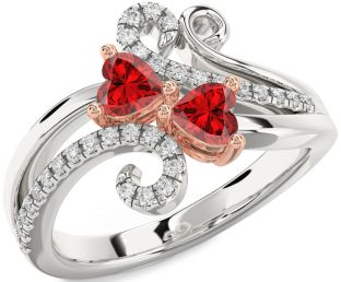Diamond Emerald Silver & 10K Rose Gold Two Heart Birthstone Ring