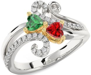 Diamond Emerald Silver & 10K gold Two Heart Birthstone Ring
