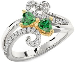 Diamond Emerald Silver & 10K gold Two Heart Birthstone Ring